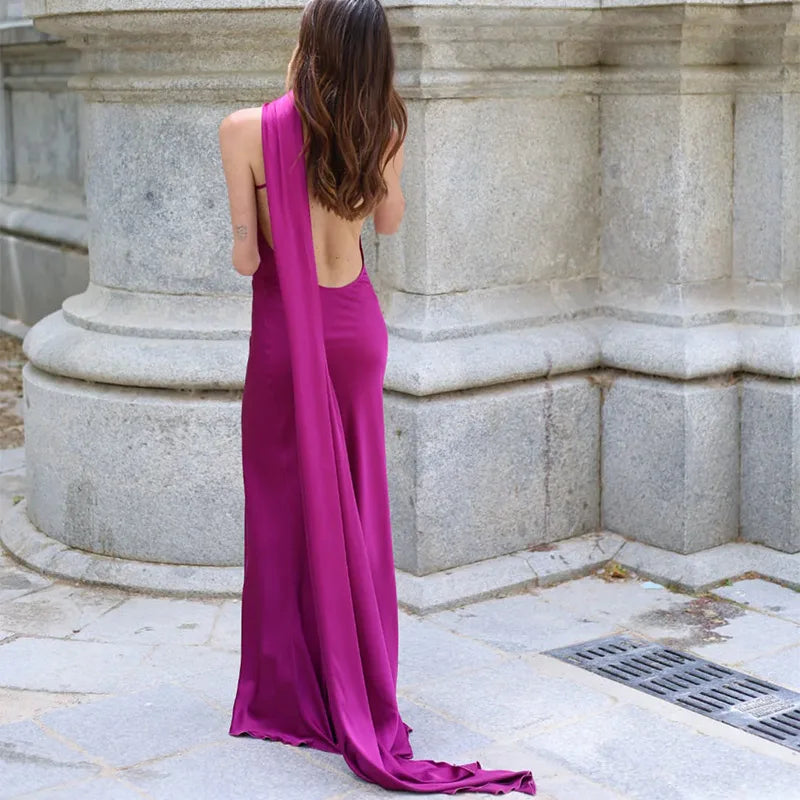Backless Satin Long Sling Dress Women V Neck Sleeveless Slit Solid Sexy Party Dresses 2026 Summer Lady Vacation Evening Robes