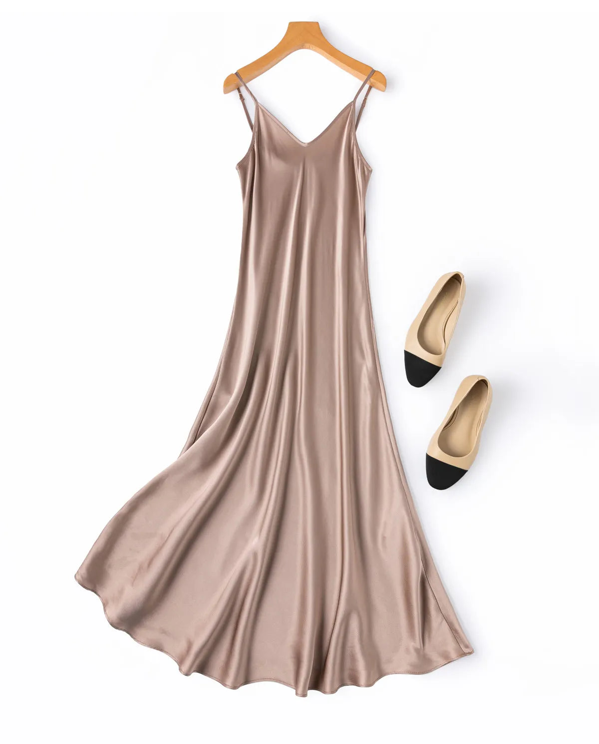Tcyeek Woman Long Dress, 100%Real Silk, V Neck, Solid Spaghetti Strap Dresses, 2025 Elegant Chic Clothes