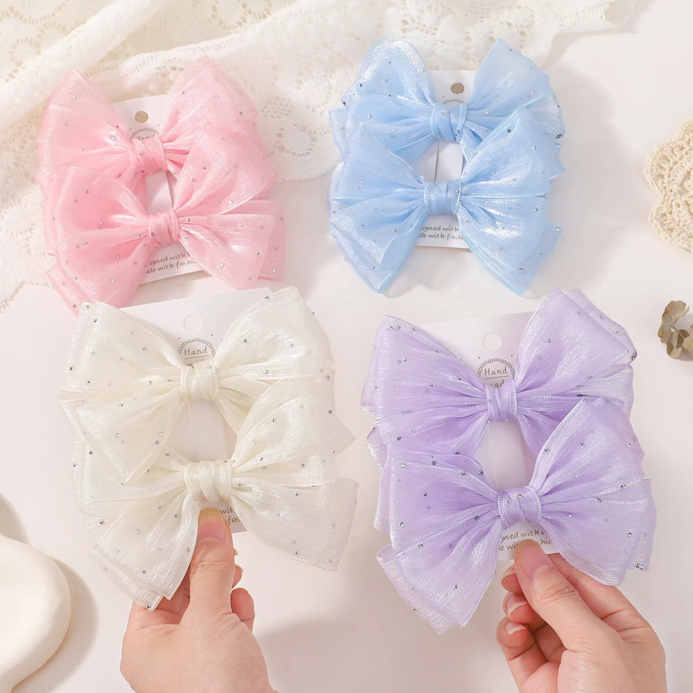 2Pcs Exquisite Princess Bow Hair Clip Set 4.72 Inches Diamond Sets Bow Children's Hairgripes Ladies' Sweet Ponytail Hair Clip