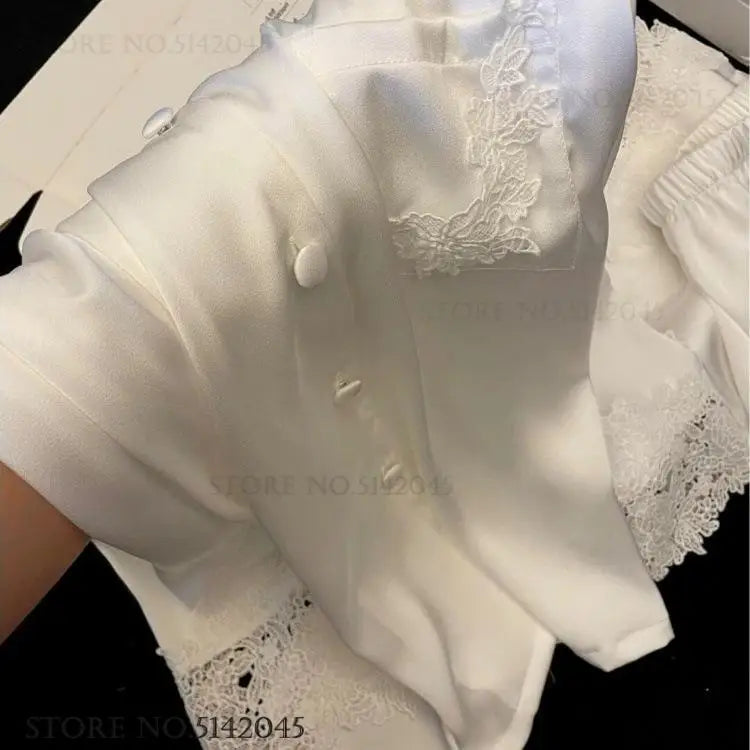 Luxury Women Pajamas Set Night Wear Elegant White Silk Satin Lace Sleepwear Trouser Suit Home Clothes Loose Casual Loungewear