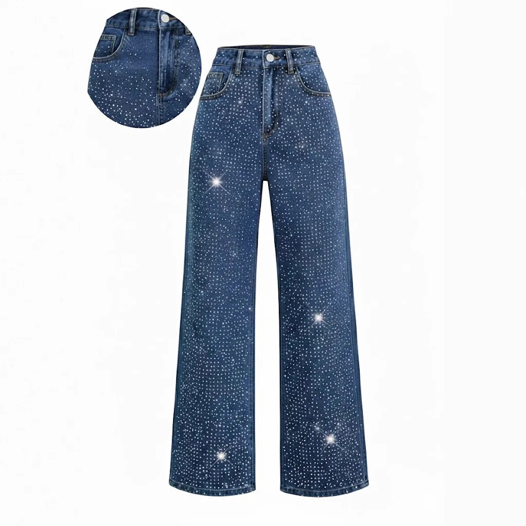 Women Diamonds Spliced Jeans Elegant Casual Midi Waist Denim Pants Solid Pockets Button Pant Washed Slight Strech Autumn Winter