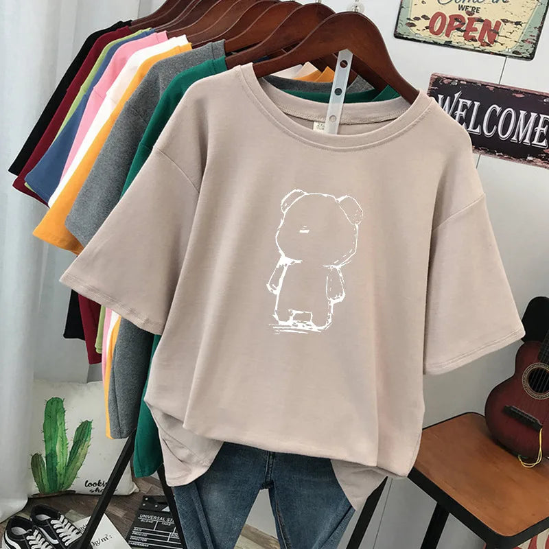 plus Size Women's Cotton T-Shirt Loose Fit Short Sleeve round Neck Print Design Comfortable Casual Style Korean Fashion