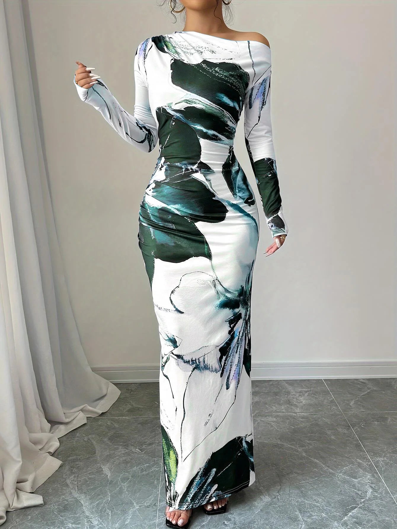 European and American 2025 Autumn New Printed Long Skirt Temperament Slim Long Sleeve Dress