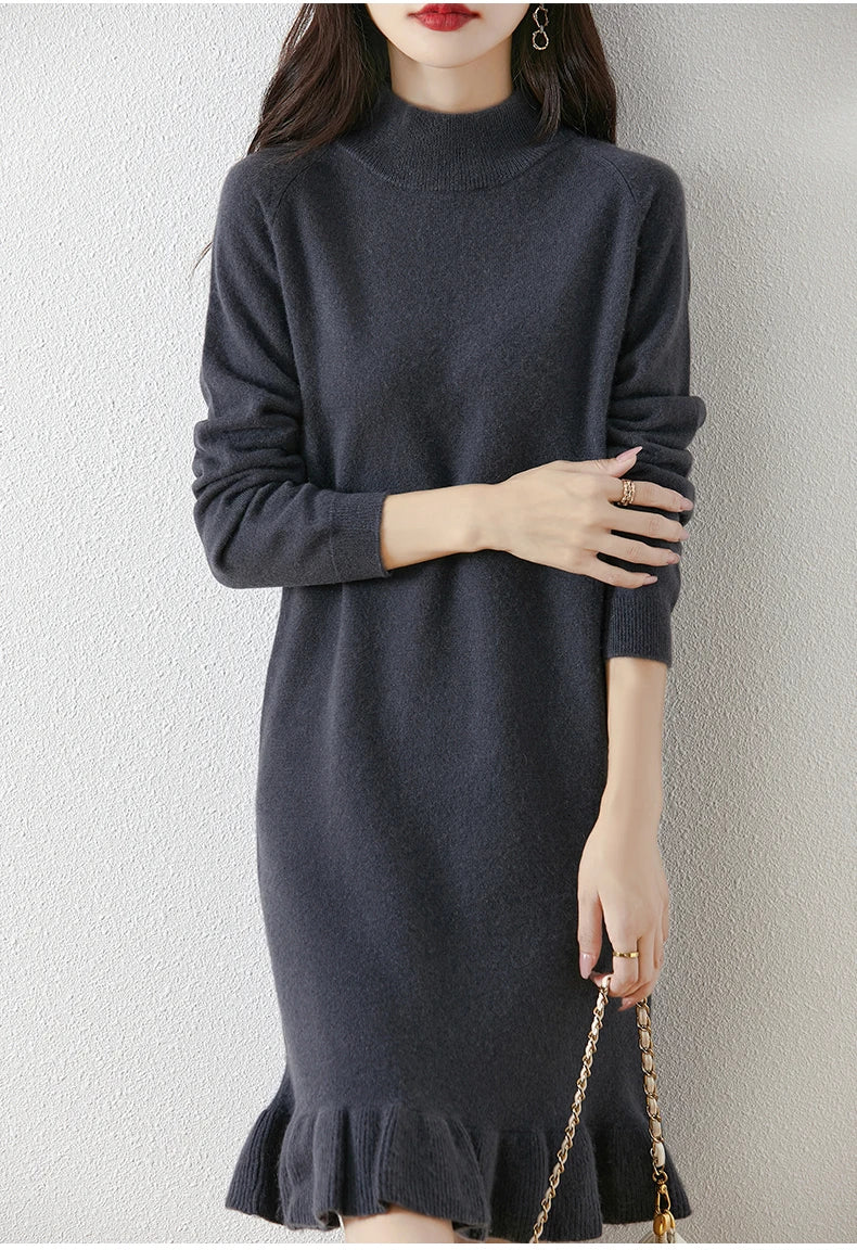 Women's Pure Wool Knitted Dress, High Collar, Pleated, Casual, Fashionable, Warm, 2024 Autumn And Winter