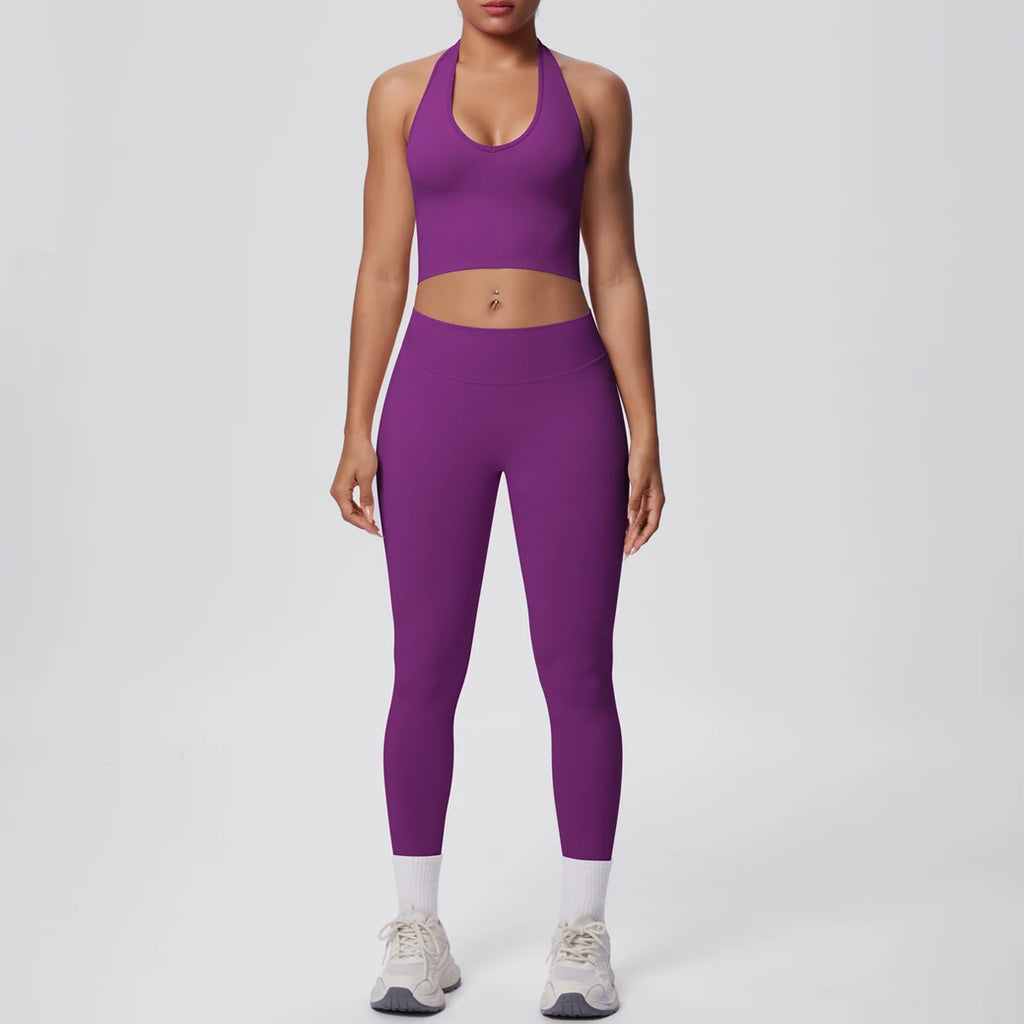 Rooftrellen 2PCS/set Women Gym Sports Yoga Set Breathable Shockproof Workout Top Backless Bra Push Up Fitness Pants Yoga Set