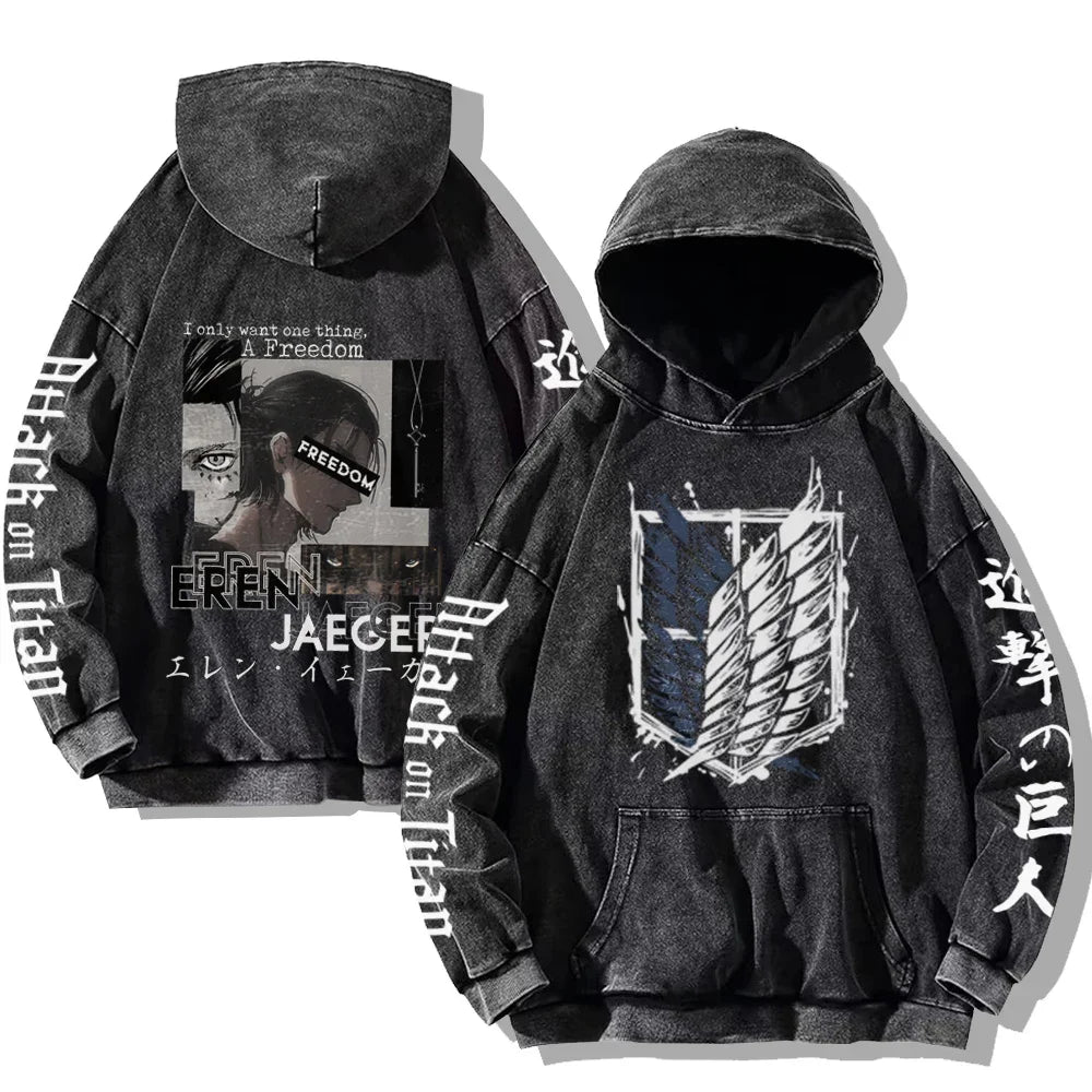 Vintage Washed Men's Hoodies Shield Print Hooded Sweatshirt Hip Hop Streetwear Y2K Hooded Pullover Y2K Loose Casual Tops