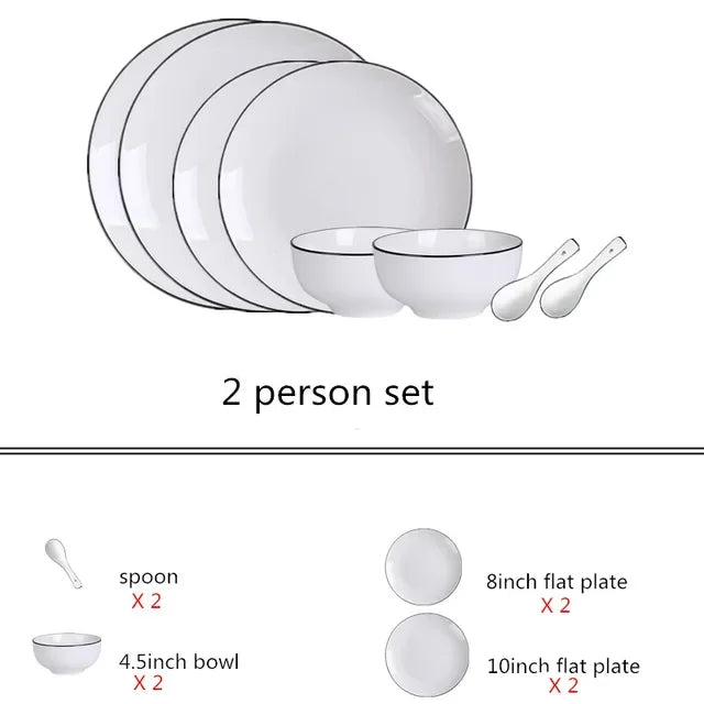 White With Black Dinner Plate Set Ceramic Serving Tray Food Dishes Rice Salad Noodles Bowl Soup Kitchen Dinnerware