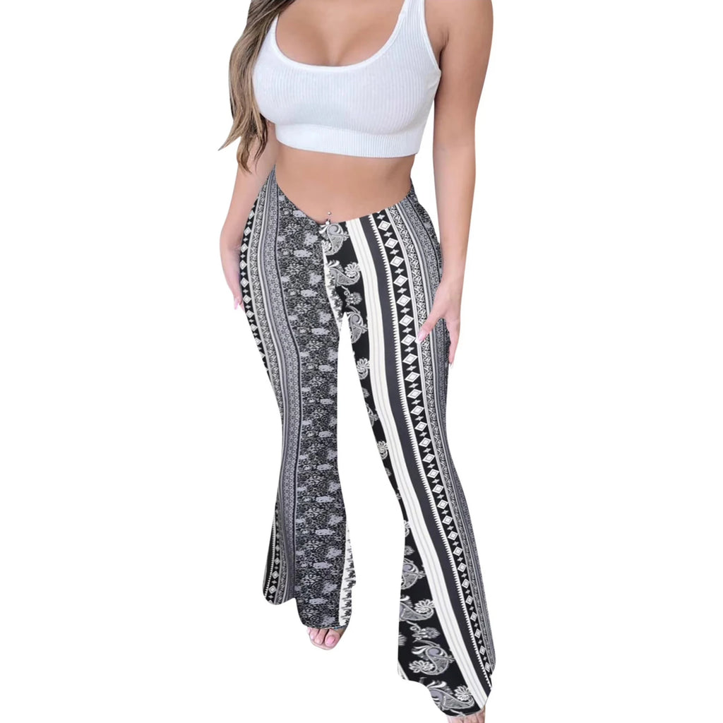 Bohemian Flare Pants for Women High Waisted Stretchy Bell Bottoms Y2K Hippie Style Trousers for Beach Vacation Leggings 2026