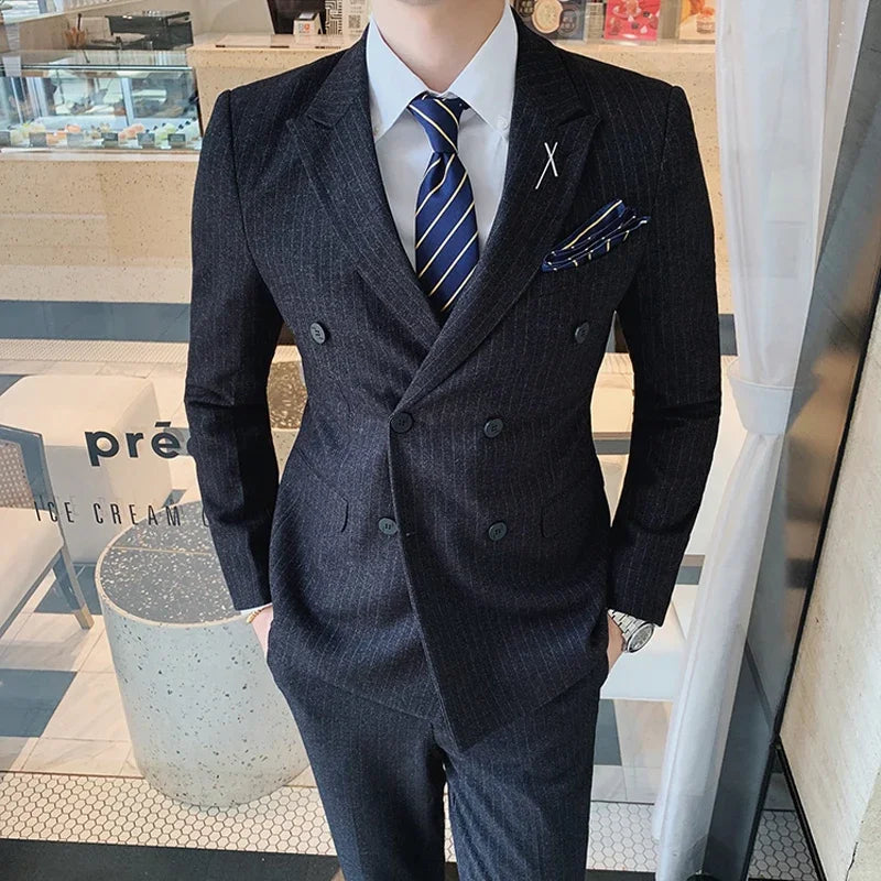 S-7XL ( Blazer + Vest + Pants ) Striped Plaid Solid Color Mens Formal Business Suit 3Pcs Set Groom Wedding Social Show Dress