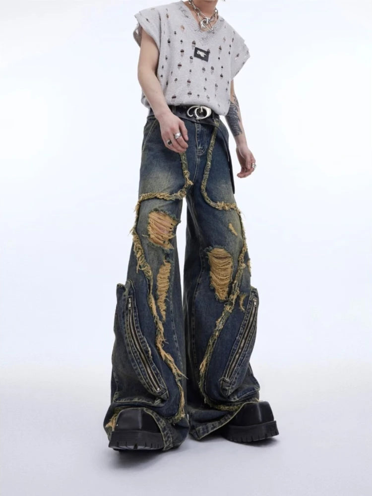 American Fashion Wornout Splicing Burr Edge Design Street Denim Pants Men 2026 New Trendy Personalized Original Male Jeans Y2K