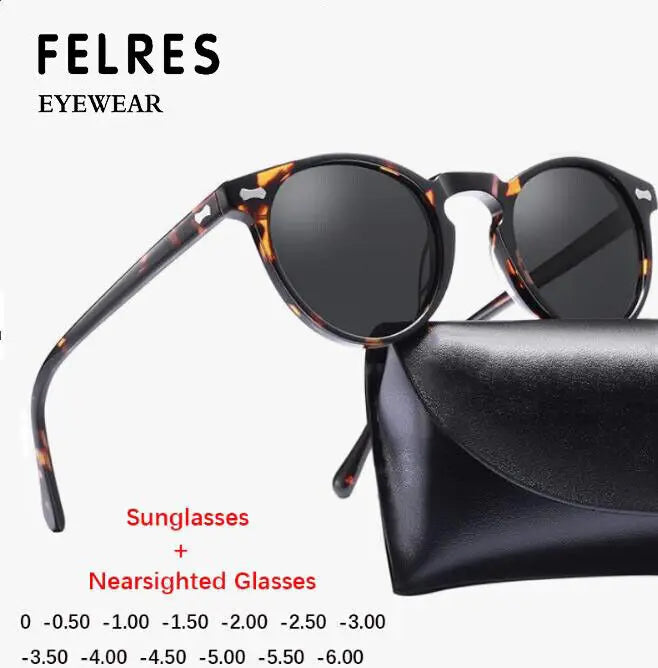 Round Tinted Myopia Glasses Men Black Lens Finished Prescription Nearsighted Glasses Retro Outdoor Shade Driving Sunglasses