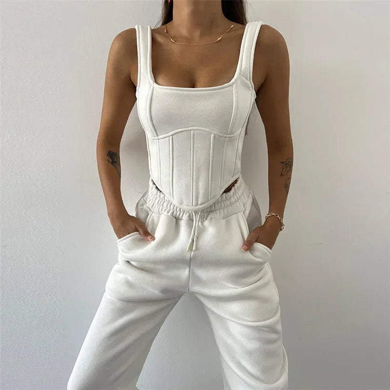 Women Solid 3 Piece Tracksuit Set Cropped Hoodie Corset Waist Vest Wide Leg Pants Casual Autumn Lady Streetwear Matching Outfits