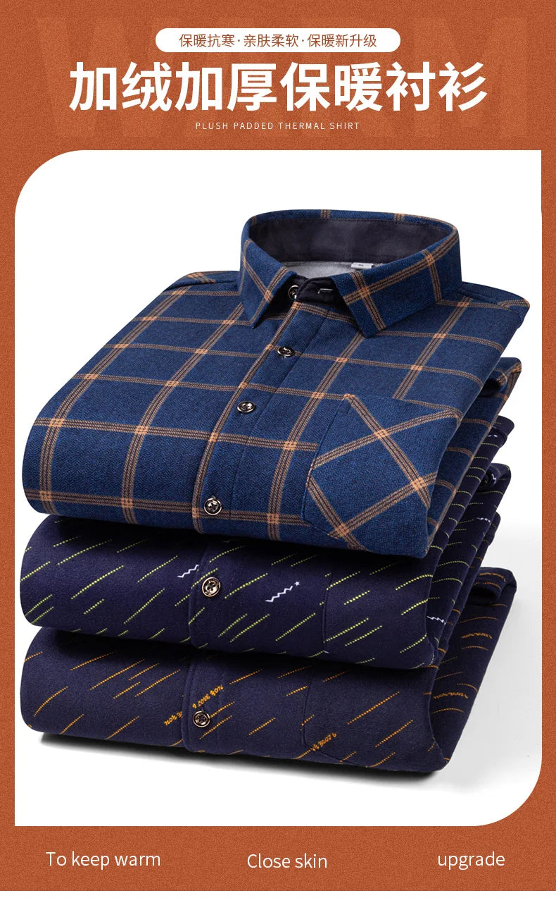 Men's long-sleeved shirts with added fleece and thickening are warm, casual in winter, skin-friendly, soft and cold-resistant