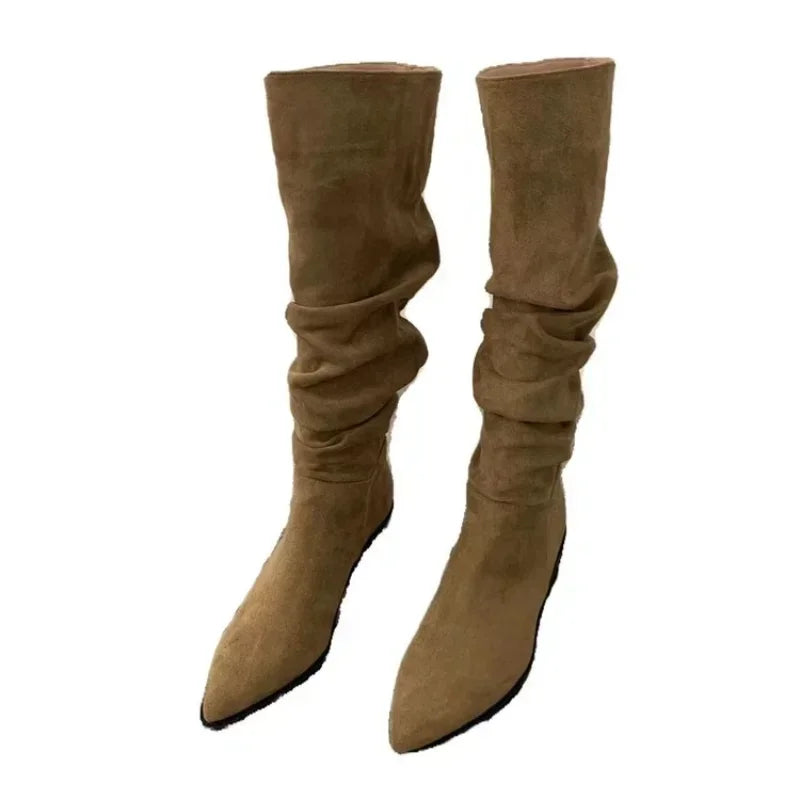 Women Knee High Boots Autumn Winter Female Shoes Fashion Female Slip-on Folds Low Heel Round Toe Flat Long Boots