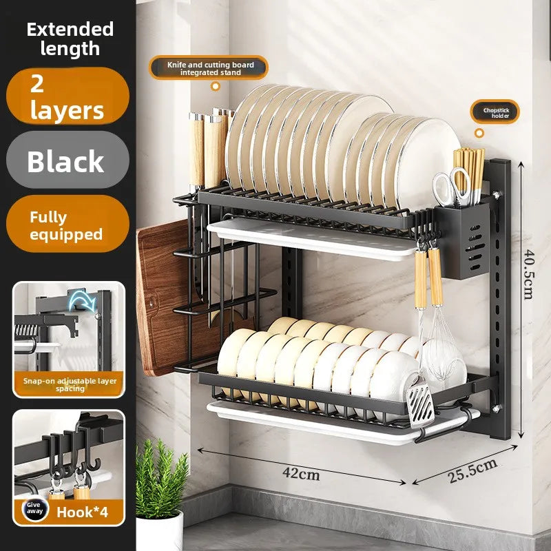 Wall Mounted Kitchen Organizer Rack - No-Drill Storage Shelf for Bowls, Plates, Spices with Dish Drying Function