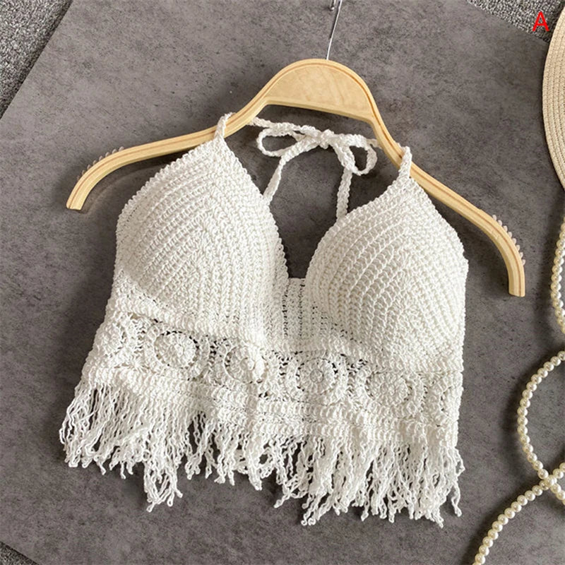 Sexy Boho Beach Vacation Camisole Women's Crochet Swimsuit Bra Halter Tank Top Hollow Fringe Cropped Tops Halter Neck Camisole