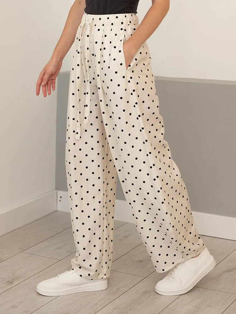 Polka Dot Cotton Linen Pants White Women Wide Leg Summer Spring Baggy Trousers For Woman High  Waist Linen Loose Pants Women