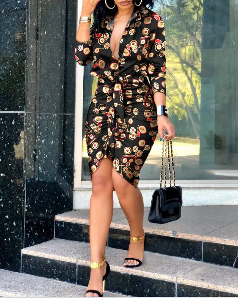 Summer Autumn New Elegant Ladies's Dress 2024 V-neck Strap Solid Color Elastic Waist Bag Hip Printed Long Sleeve Shirt Dress