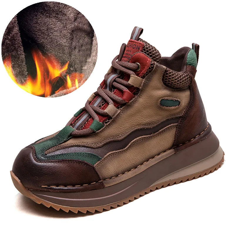 DRKANOL 2026 Women Boots Autumn Winter Mixed Colors Genuine Cow Leather Warm Ankle Boots Ladies High Top Casual Sneakers Shoes
