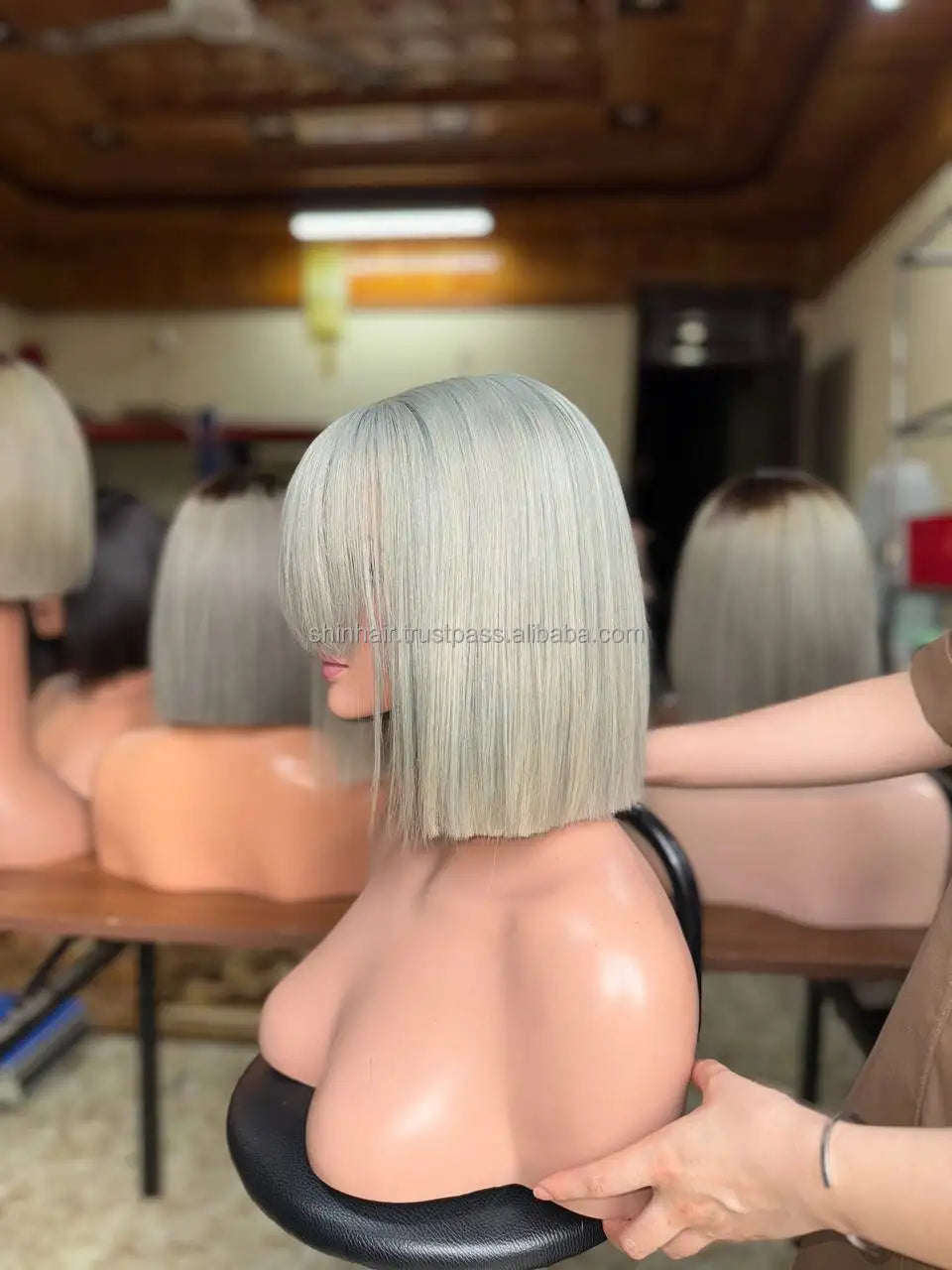 Wholesale Ginger Transparent Lace Bob Wigs with Bangs Gray Color Vietnamese Human Hair Fringe Glueless Middle Part Women