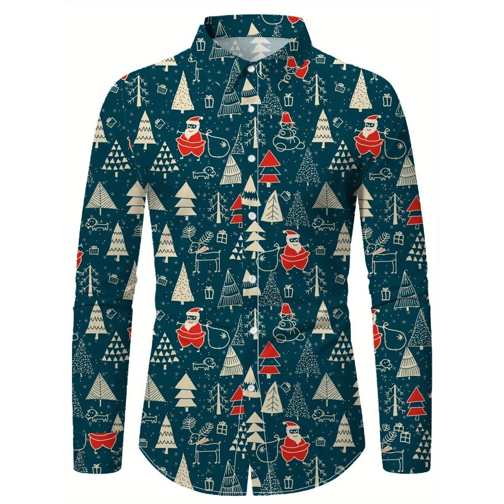 Christmas Festival Theme Men's 3D Printed Formal Shirts Christmas Tree Santa Claus Graphic Long Sleeve Shirt Fashion Men's Shirt