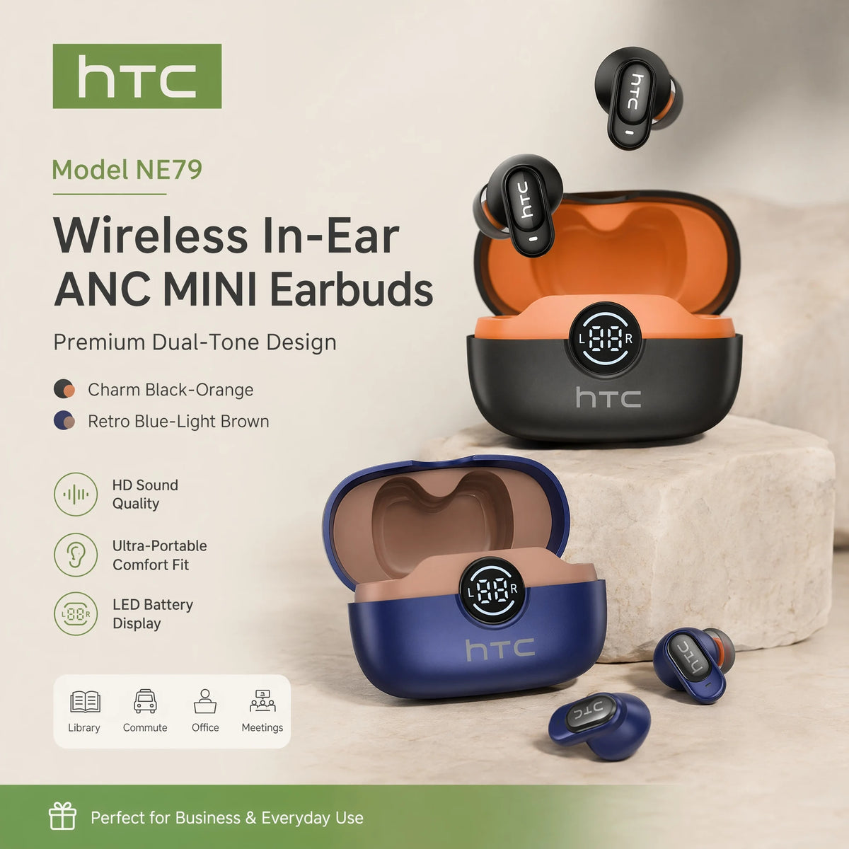HTC NE79 Bluetooth Earphones Sports Gaming Long Battery Comfort Wireless Headphones Premium Sound Quality Soft In-ear Earbuds