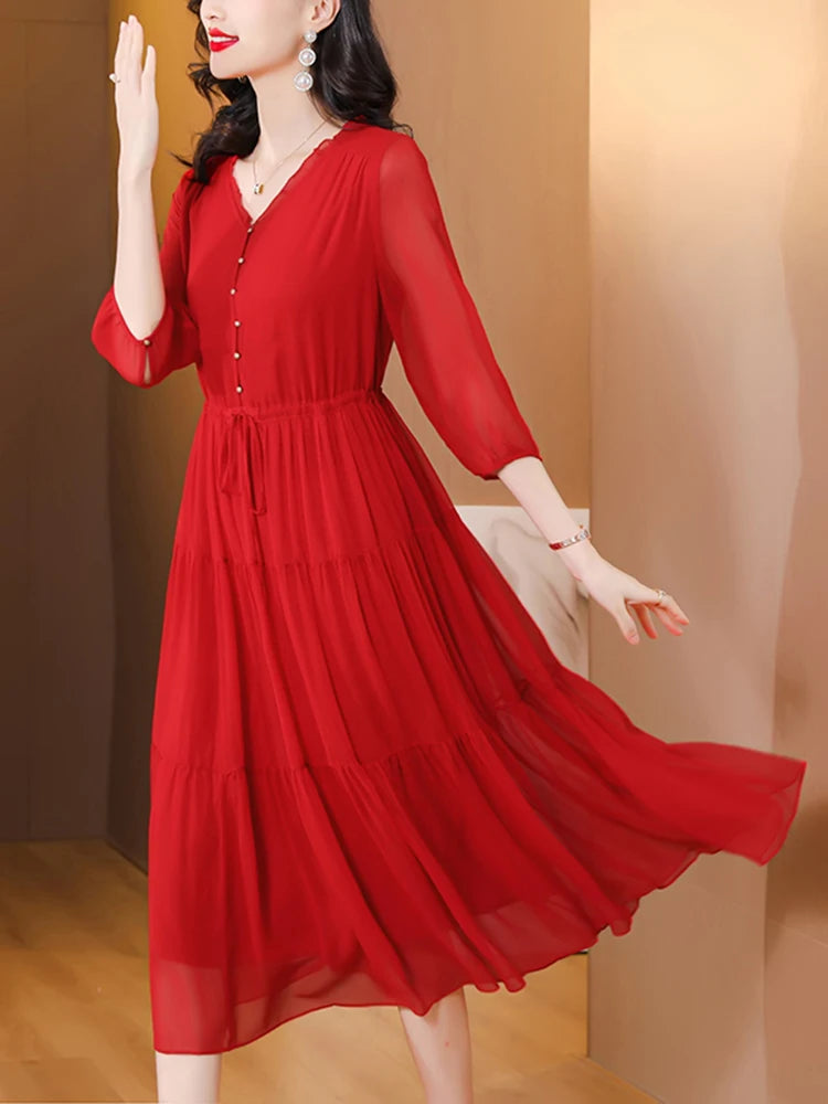 Summer New Silk Red Vintage Loose Midi Women Elegant Bodycon Evening Dress Bandage Casual Holiday Party Pretty Dress XQ295