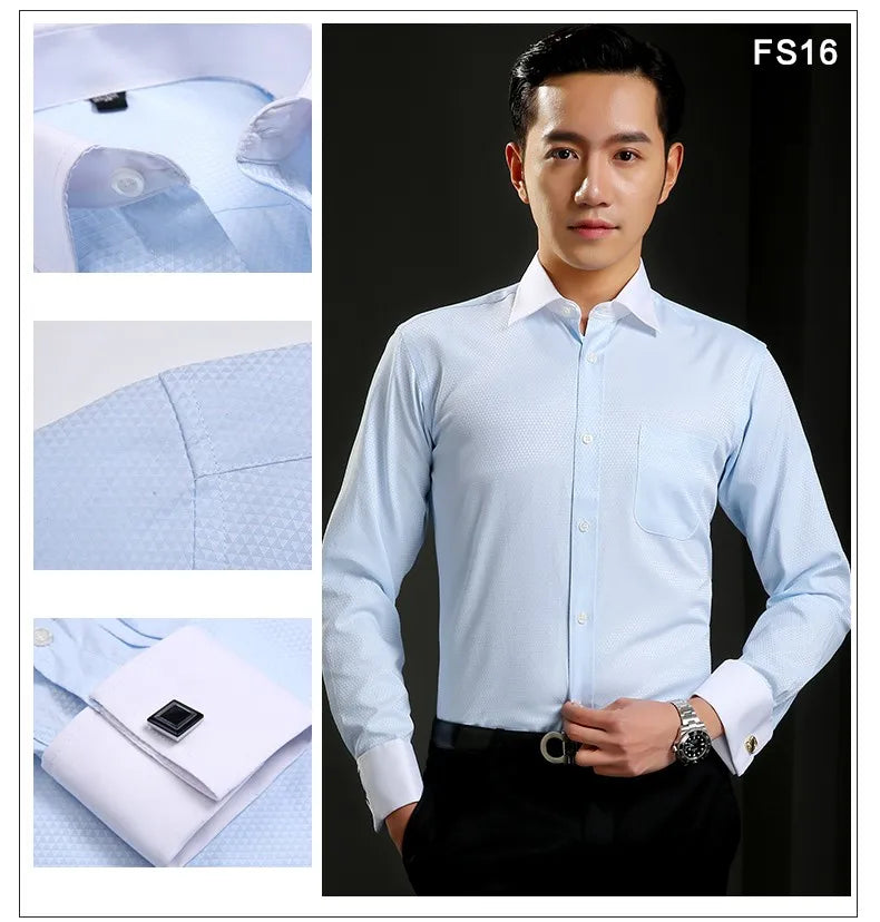 2025 Classic Regular Fit White French Cufflinks Men's Business Dress Long Sleeve Shirt Lapel Men Social Shirt