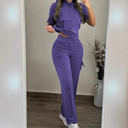 2026 Autumn and Winter Women's Casual Solid Color Hooded T-shirt with Straight Leg Pants Two-piece Set