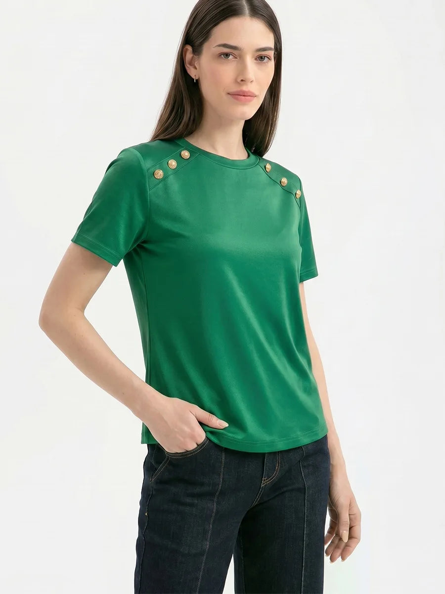 Fashionable Short Sleeve T-Shirt Women's Slim Fit Solid Color Summer 2026 Casual round Neck Polyester Blend Top