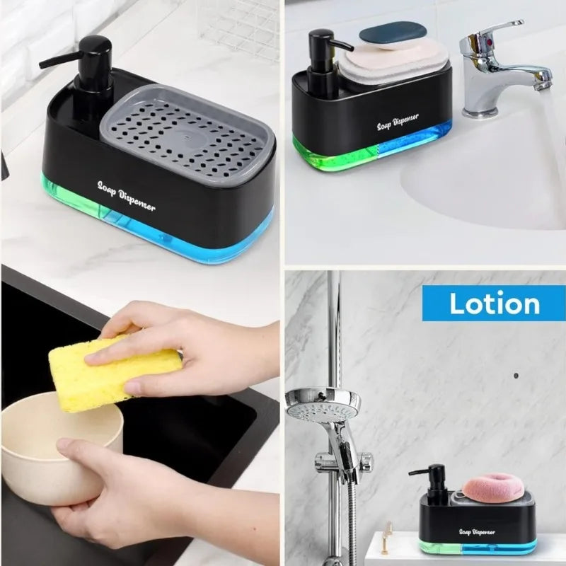 Kitchen Sink Organizer Set 3-in-1 Soap Dispenser with Dual Pump and Sponge Holder Space-Saving Cleaning Storage for Countertops