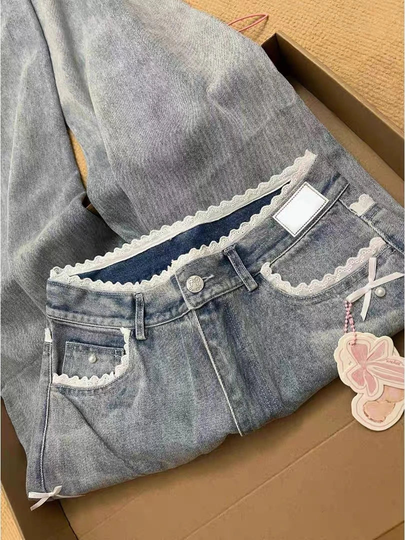 Women's Blue Y2k Lace Bow Jeans Baggy Aesthetic Denim Trousers Harajuku Streetwear Jean Pants Vintage 2000s Trashy Clothes 2024