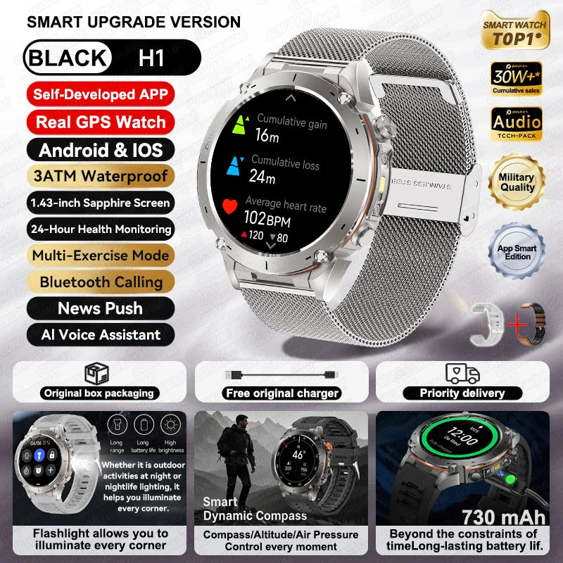 2026 New GPS Smart Watches 10 ATM Waterproof Built-in Dual-band GNSS Compass Military Sport Men SWIM Smartwatch For Android IOS