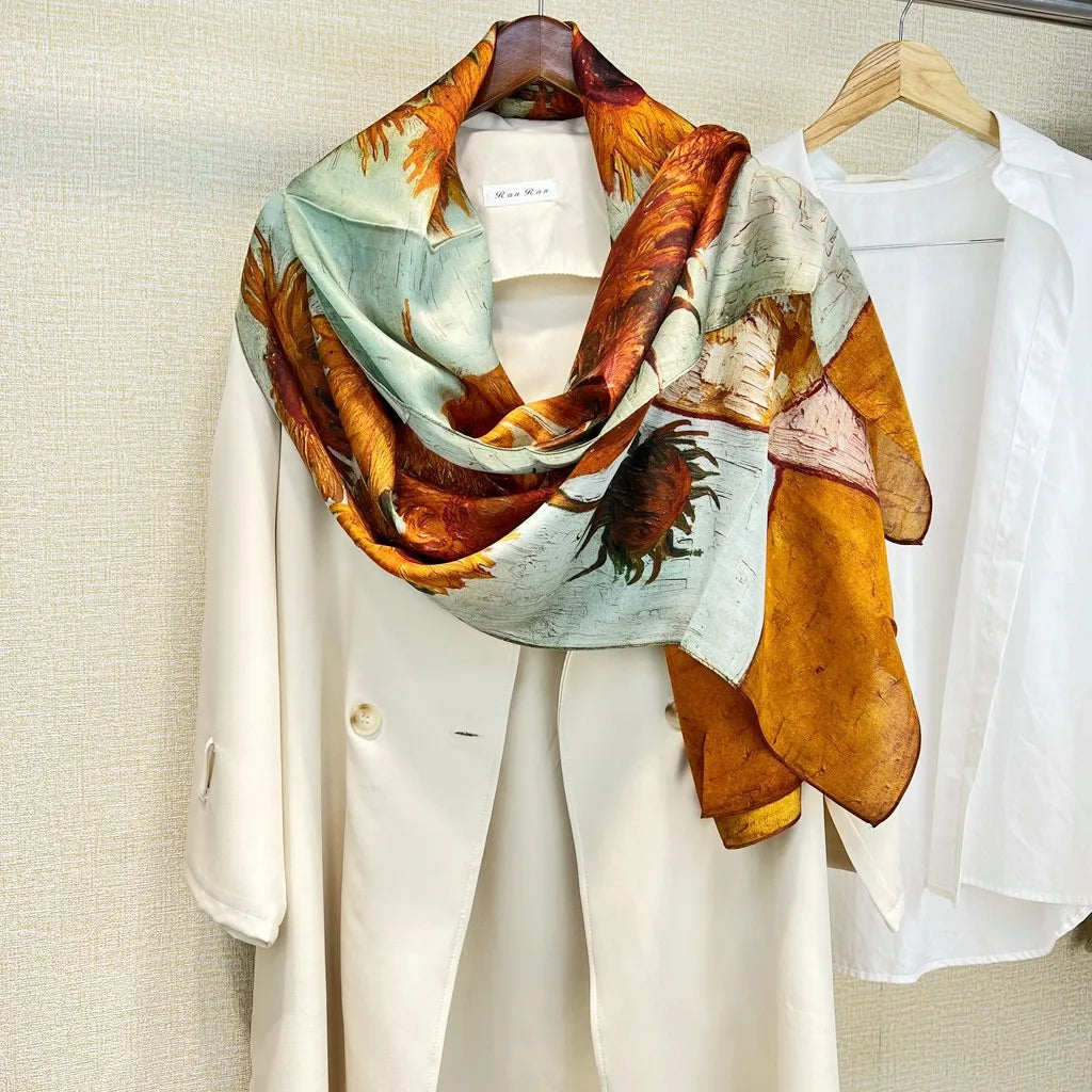Birdtree, 9MM 100%Real Silk Scarf Shawl, Thin Plum Bossom Summer Beach Shawls Scarfs, Fall Winter Neck Head P36714QM