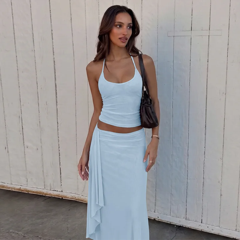 Hugcitar Fashion 2 Pcs Sets Halter Solid Backless Lace Up Sexy Crop Tank Top Ruched Maxi Skirt Women Outfit Beach Vacation Sport