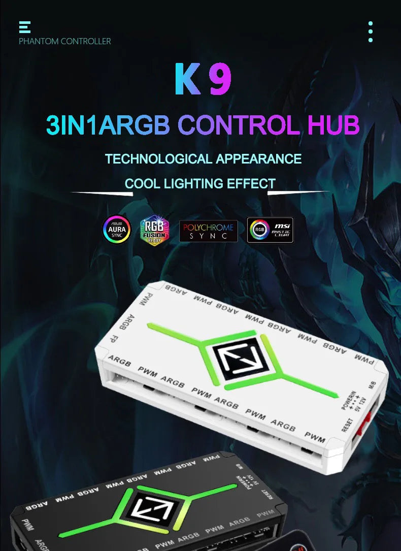 ICE Whale K9 1 to 9 PWM&ARGB Case Fan Hub SATA Power Interface Splitter 4Pin PWM 3Pin Addressable ARGB With Remote Control