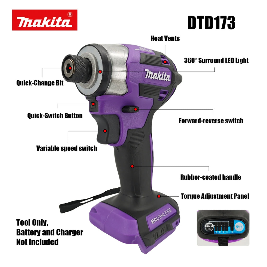 Makita DTD173 180Nm Violet Brushless Drill Power Tool for Home Improvement And DIY Electric Wood/Bolt/T-Mode