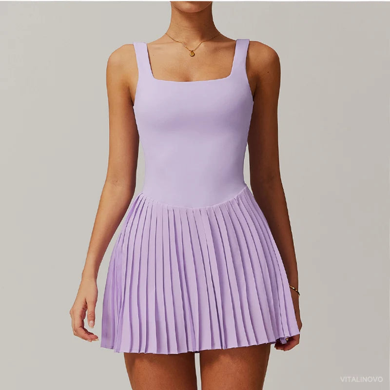 VITALINOVO Workout Tennis Dress with Built in Shorts Square Neck Padded Workout Dress with Pockets Golf Athletic Mini Dresses