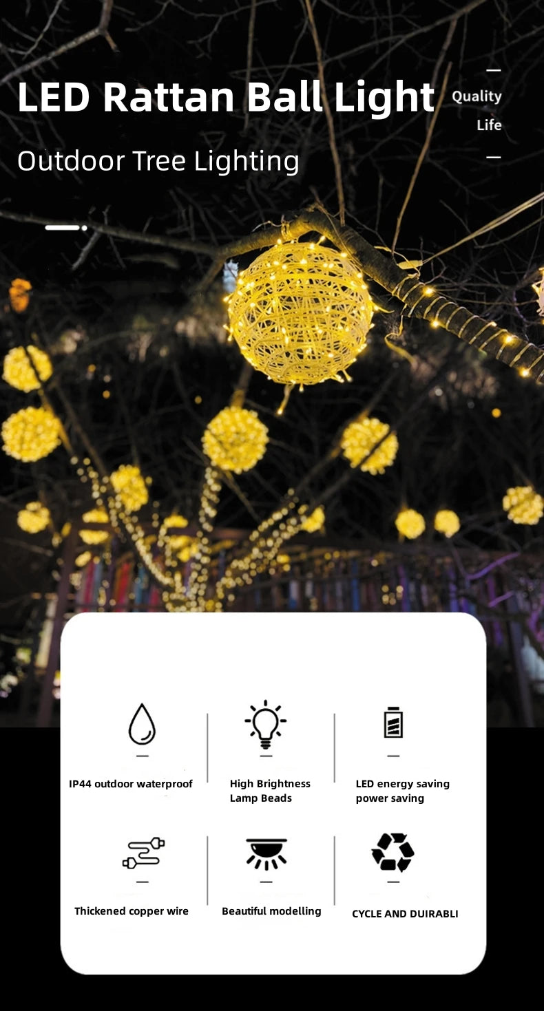 Christmas Festoon Rattan Ball LED Light Ramadan Outdoor Hanging Lamp Fairy String Light for Holiday Wedding Party Decoration