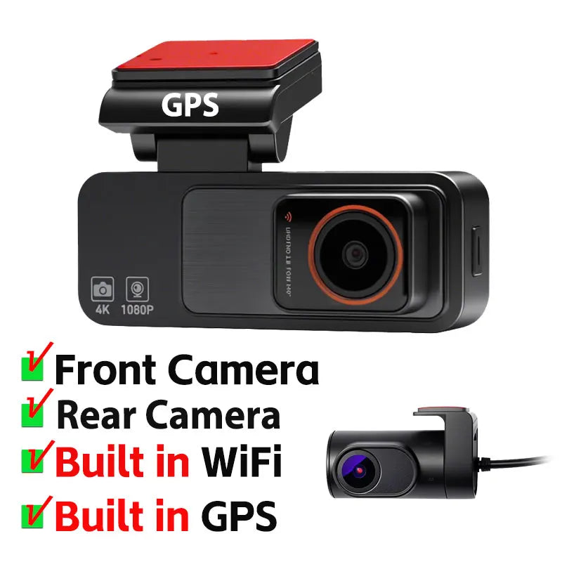 Dash Cam Dual Lens 4K UHD Recording Car DVR GPS WDR Night Vision Video Recorder Wi-Fi Room Black Box 1080P Rear View Camera