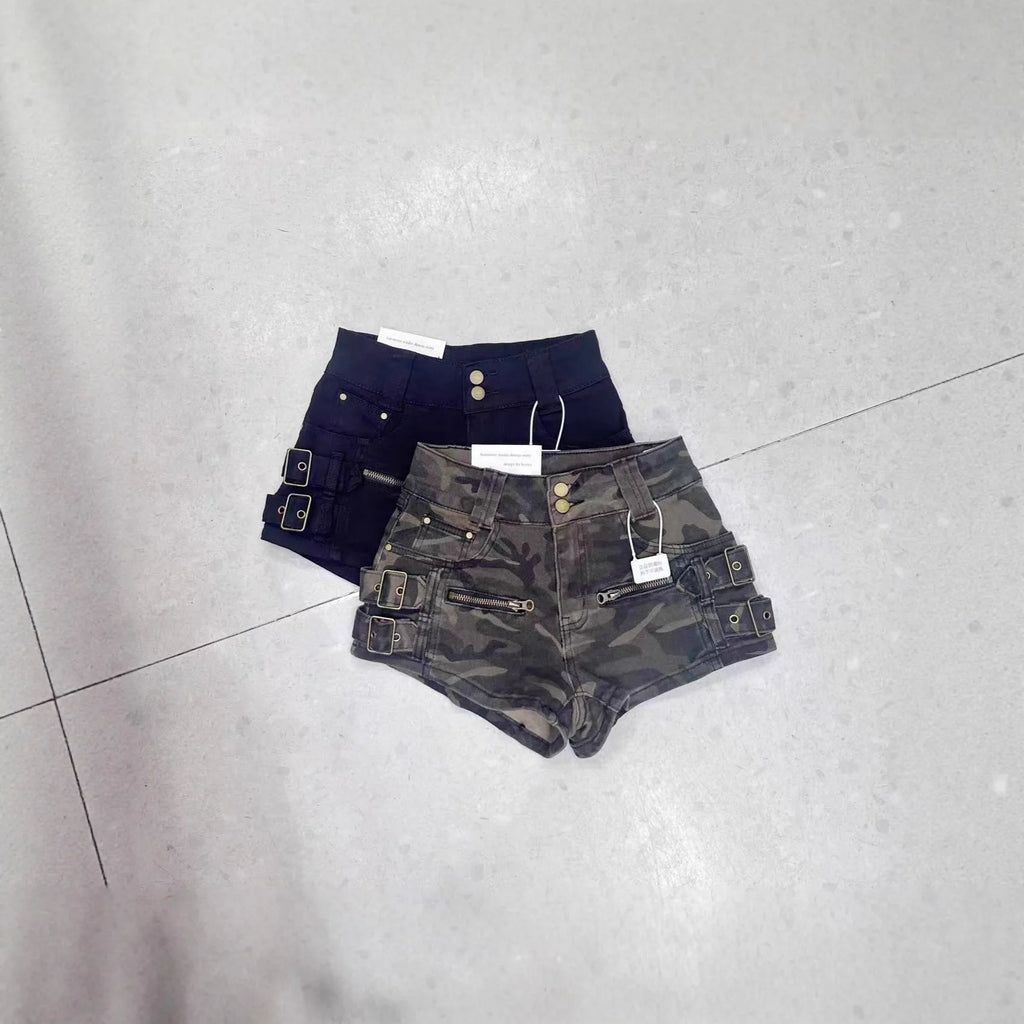 American High Street Camo Cargo Denim Shorts Women High Waist Hip Lifting Fashion Casual Hot Pants
