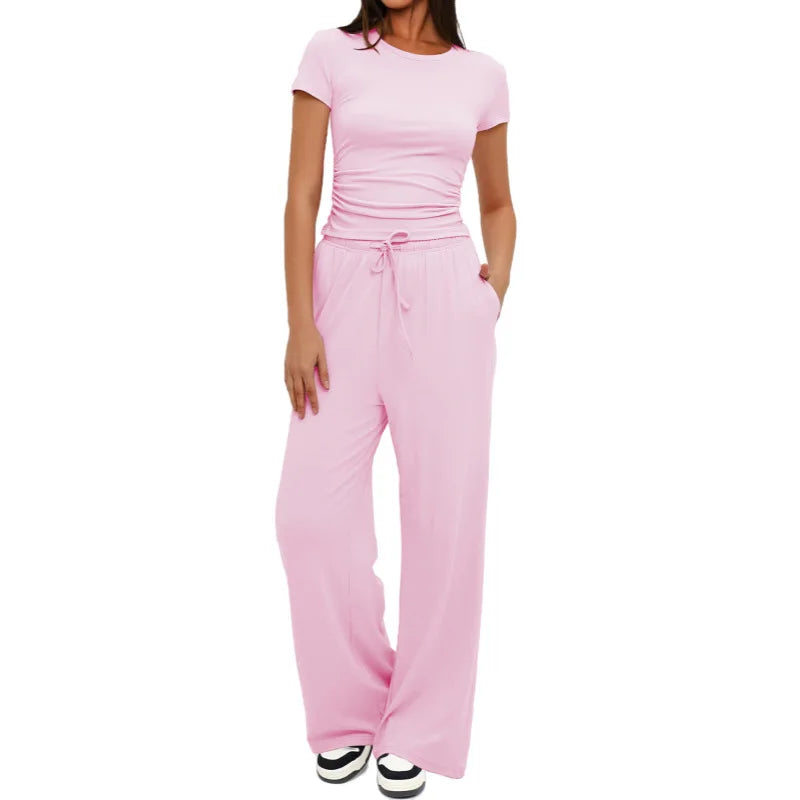 Women's Summer Solid Loose Casual Tracksuit Two Piece Set O Neck Short Sleeve T Shirt Wide Leg Pants Sportswear