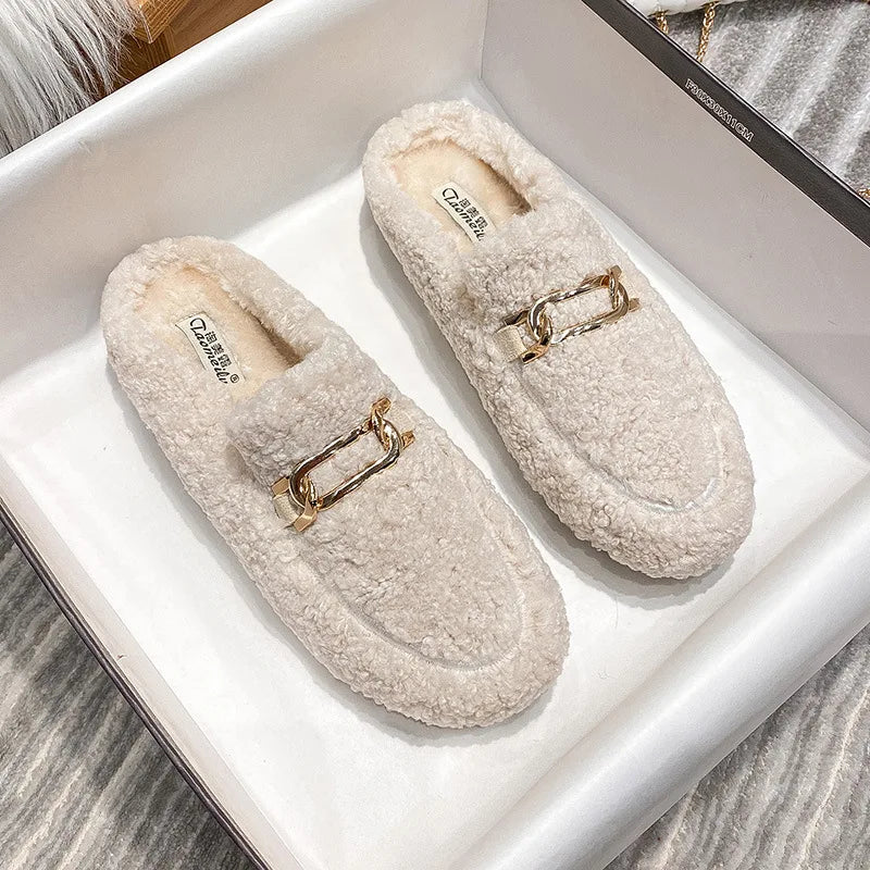 Winter Warm Plush Mules Women One Band Fur Slippers Cozy Cotton Shoes Woman Flats Cover Toe Fleeces Slides Femme Wool Pantuflas