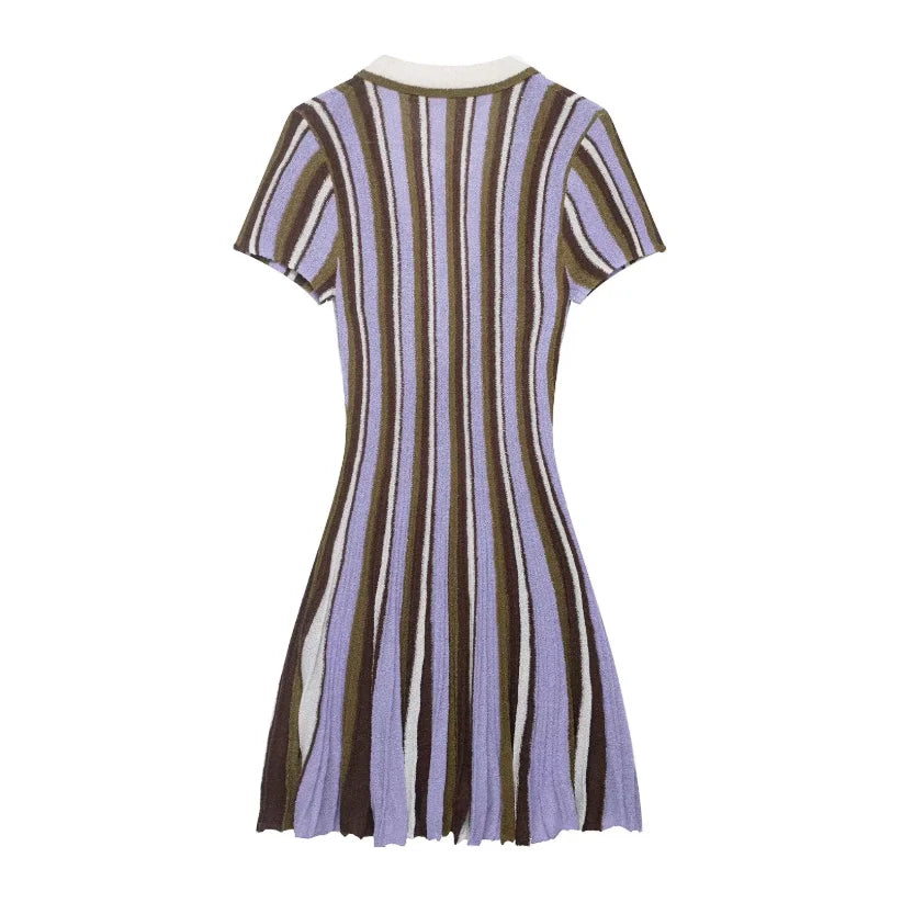 Brown Striped Polo Collar Knitted Short Sleeves Dress V-neckline Waist Cinching Flared Hem Mini Dresses Women Daily Casual Robes