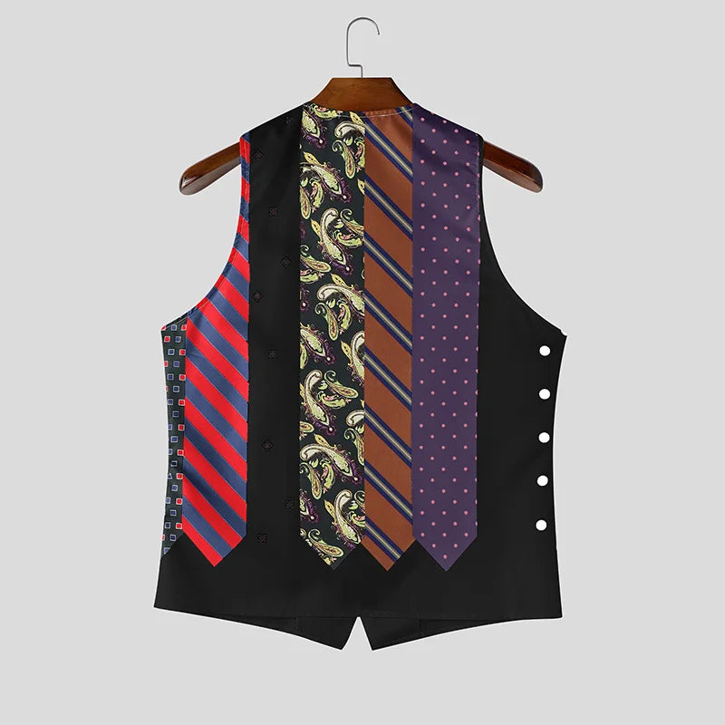 INCERUN Men's Vests Tie Printing V Neck Sleeveless Vintage Casual Male Waistcoats Streetwear Fashion Men Clothes Vests For Man