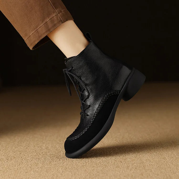 New Autumn Winter Genuine Leather Women Boots Fashion Lace Ankle Boot for Women Short Boots Shoes Chunky Heel Botines Mujer