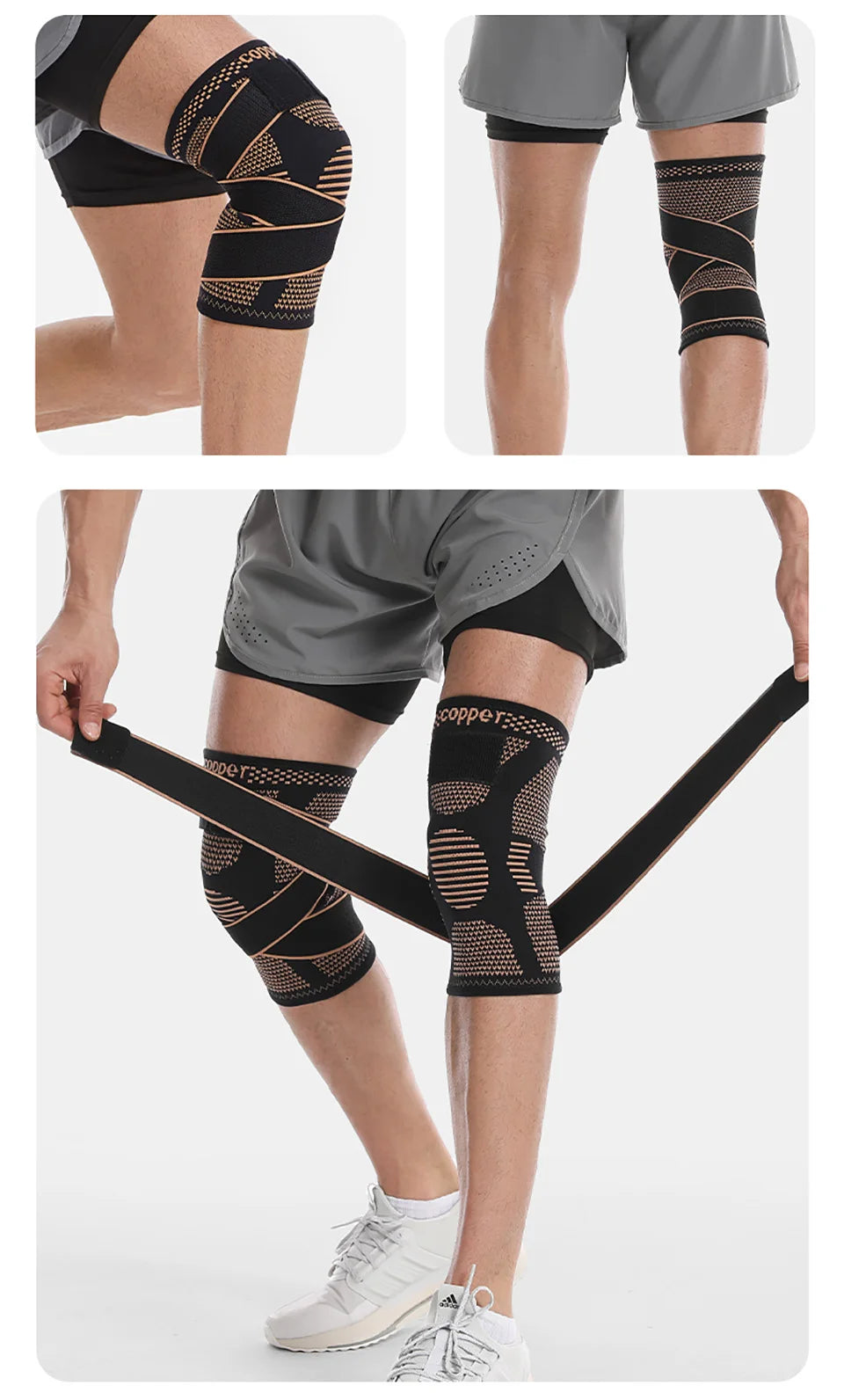 1Pcs Knee Support Knitted Nylon Copper Ion X-type Stable Patella Compression With Straps Ligament Strain  Knee Pads Men Women