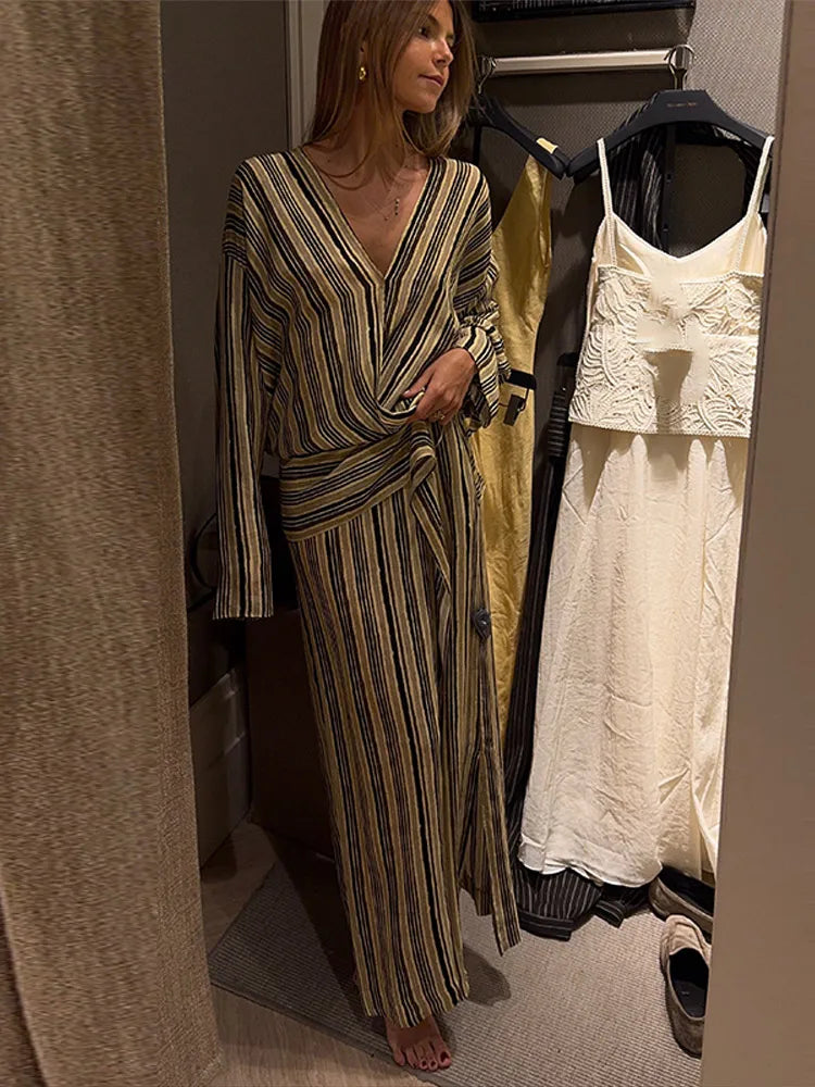 Women Striped Wrap Dress V-neck Loose Pleated Long Sleeved Asymmetrical Drape Dresses 2026 Summer New Casual Commute Lady Robes