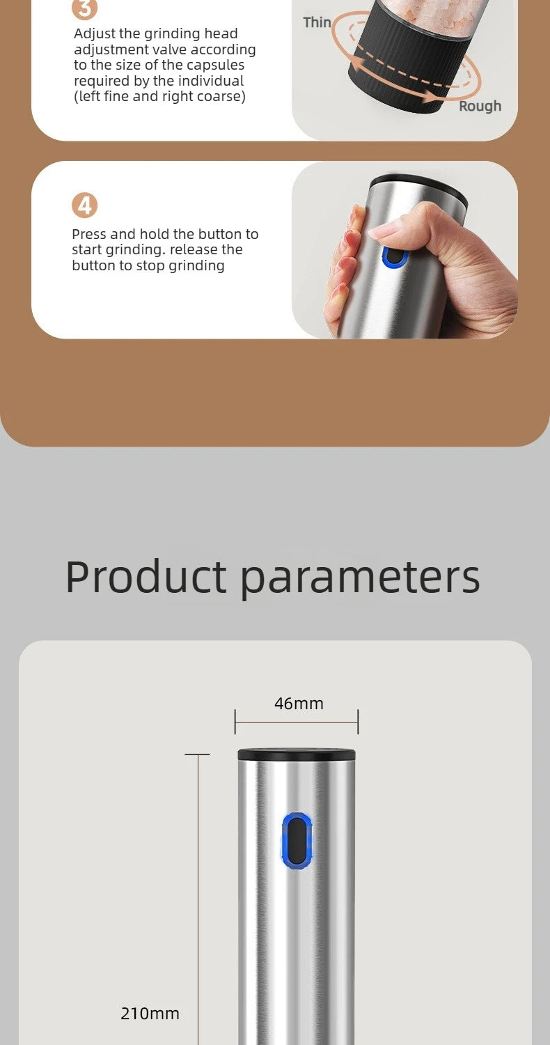 Rechargeable Automatic Salt Pepper Grinder Set Electric Grinding Mill with External Coarseness Adjustment Home Kitchen Gadgets