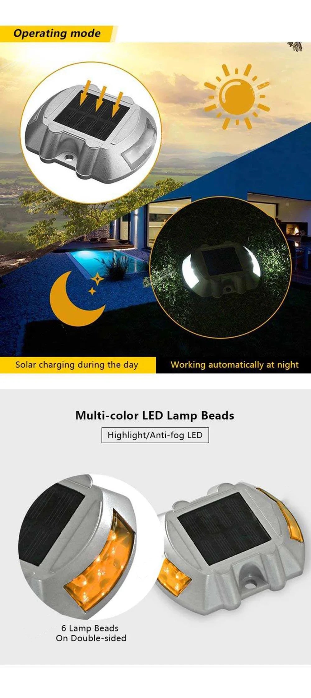 Smart Solar Road Studs with Motion Sensor - 6 LED Auto-Dimming Warning Lights IP68 Waterproof for Driveways/Parking Lots